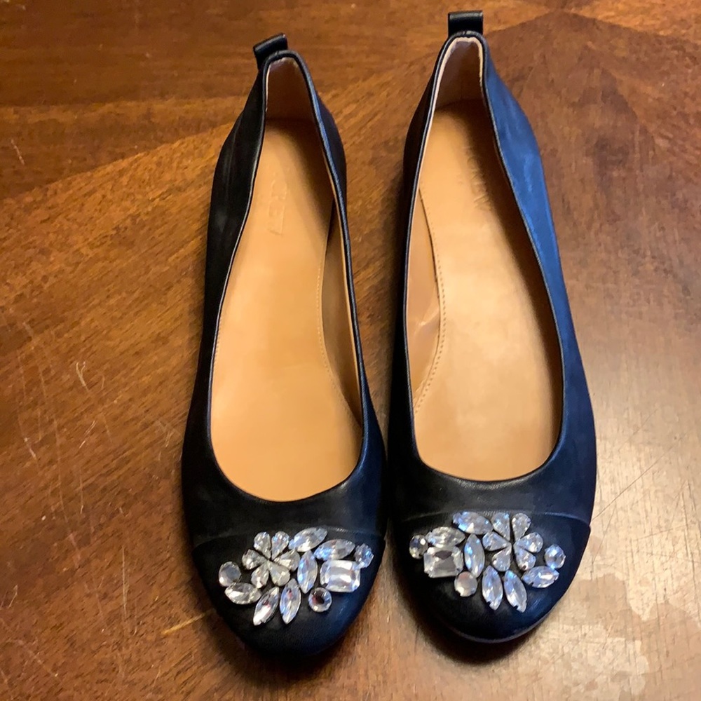 J. Crew Leather Beaded Navy Flats